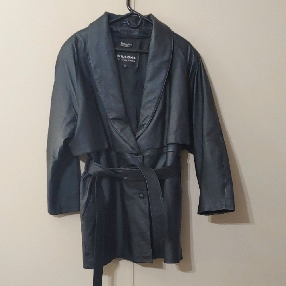 VTG Wilsons Leather Trench Coat Belted Black Jacket 3M Thinsulate Men's Size XL